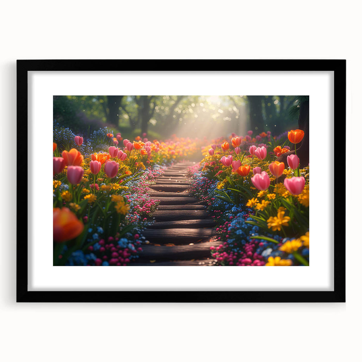 Framed wall art collection showcasing a serene landscape garden design in a modern black frame with matting, ideal for enhancing home décor.