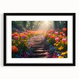 Framed wall art collection showcasing a serene landscape garden design in a modern black frame with matting, ideal for enhancing home décor.