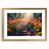 Elegant gold-framed wall art featuring a serene landscape design, showcasing lush gardens and vibrant colors, perfect for enhancing home decor.