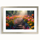 Framed silver wall art showcasing a vibrant landscape garden design, perfect for home decor. The piece features a harmonious blend of colors that evoke tranquility and nature.