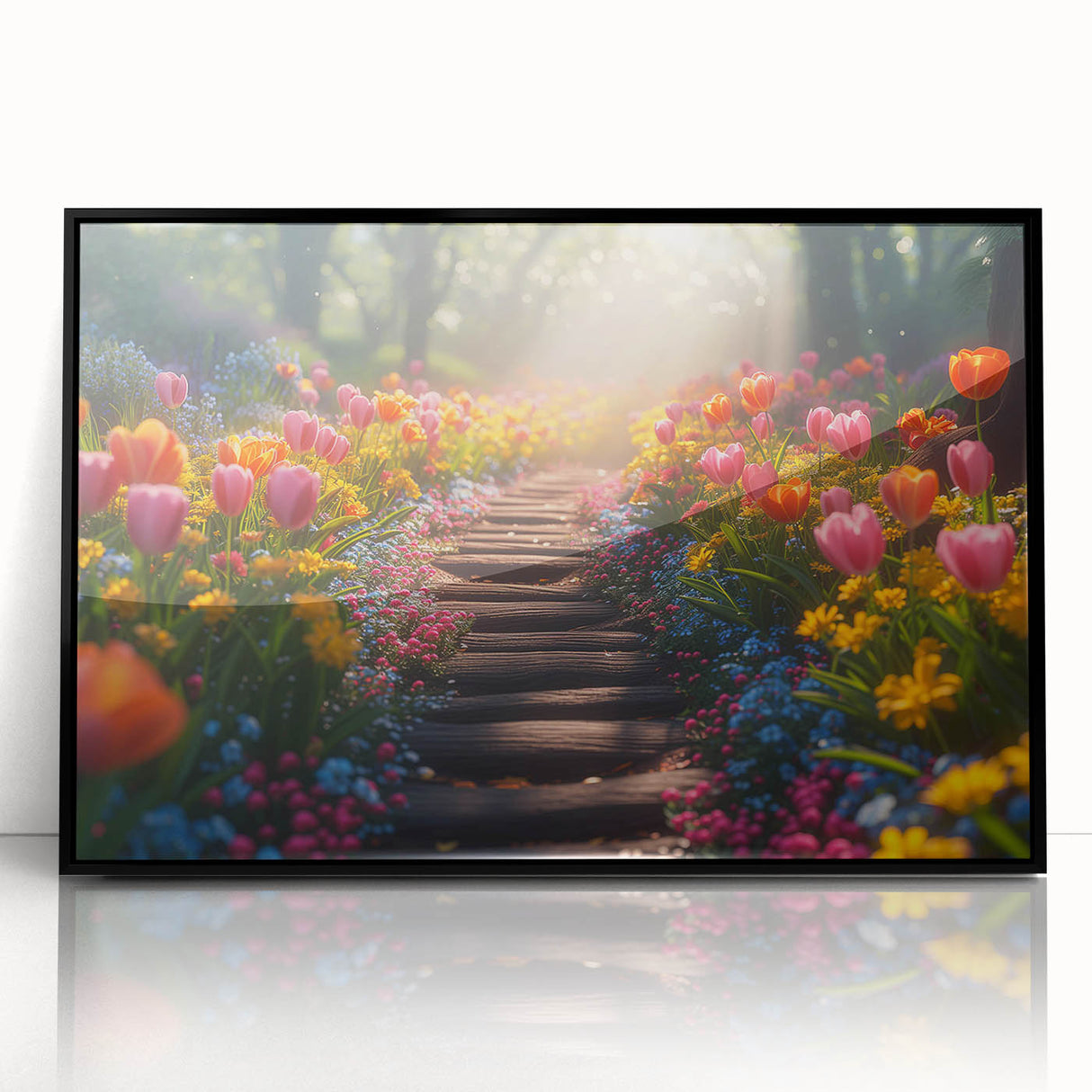 Framed wall art featuring a stunning landscape garden design, presented in a sleek black frame. The vibrant colors and intricate details create a serene atmosphere, perfect for home decor. Ideal for nature lovers seeking to enhance their living space with elegant artwork.