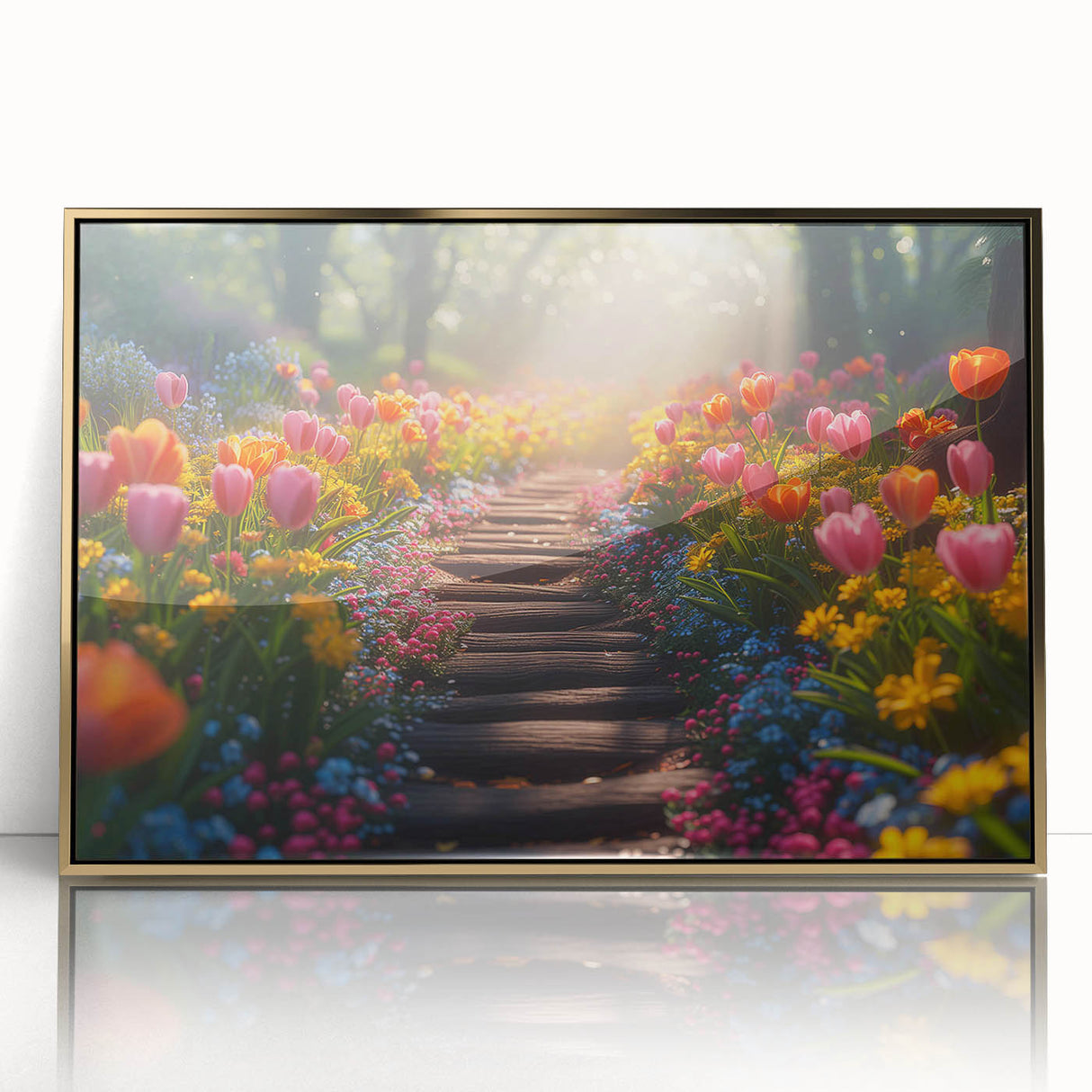Framed acrylic wall art piece showcasing a vibrant landscape garden design with gold accents, perfect for enhancing modern home décor. The artwork features lush greenery and an inviting color palette, ideal for nature lovers and interior design enthusiasts.