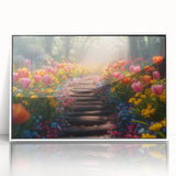 Framed acrylic wall art featuring a vibrant landscape garden design, showcasing lush greenery and colorful flowers, presented in a sleek white frame, perfect for home decor.