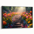 Framed canvas wall art featuring a serene landscape design with lush greenery and vibrant colors, displayed from a side view against a neutral background. Ideal for home decor.