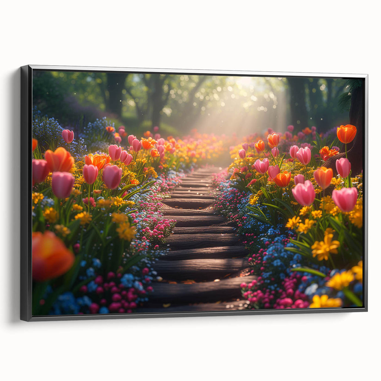 Framed canvas wall art featuring a serene landscape design with lush greenery and vibrant colors, displayed from a side view against a neutral background. Ideal for home decor.