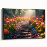 Framed canvas wall art featuring a serene landscape design with lush greenery and vibrant colors, displayed from a side view against a neutral background. Ideal for home decor.