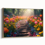 Framed canvas wall art featuring a vibrant landscape design with golden accents, showcasing a serene garden scene, ideal for home décor enhancement.