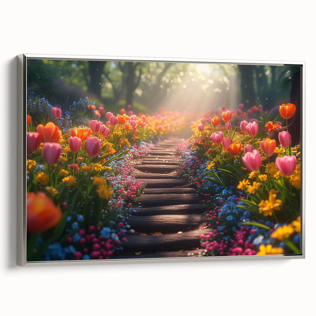 Framed wall art showcasing a serene landscape garden design with lush greenery and vibrant flowers, elegantly presented with a silver frame for added sophistication.