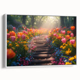 Framed canvas wall art showcasing a vibrant landscape design featuring lush gardens and colorful flora, presented in a sleek white frame, perfect for home decor.