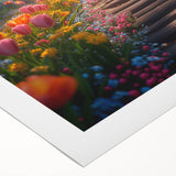 Vibrant rolled canvas artwork depicting a serene landscape garden design, showcasing lush greenery and colorful flowers, ideal for home decor or office ambiance.