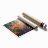 Vibrant rolled print of a serene landscape garden design featuring lush greenery and colorful flowers, ideal for home decor and art enthusiasts.