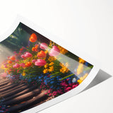 Vibrant landscape wall art print showcasing a serene garden scene with lush greenery and colorful flowers, rolled for easy transport and display. Perfect for enhancing home decor.