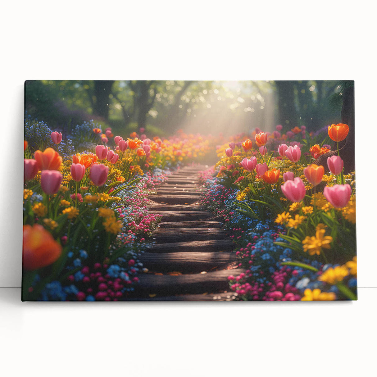 Stretched canvas wall art showcasing a vibrant landscape design with lush greenery and a colorful sunset, perfect for home decor and interior design enthusiasts.