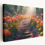 Stretched canvas wall art showcasing a vibrant landscape garden design in rich greens and blues, ideal for home decor or office settings, providing a serene ambiance.