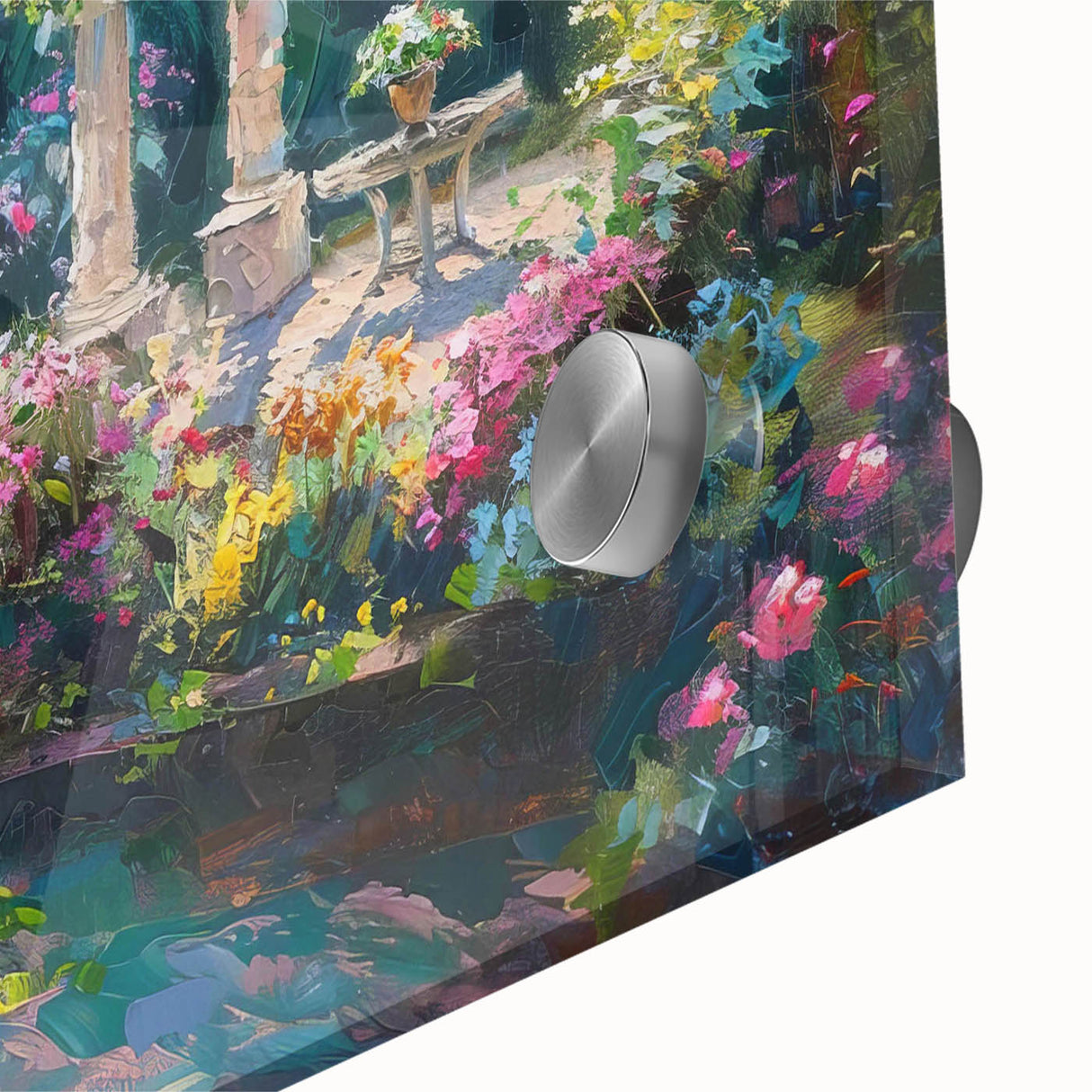 Close-up of a vibrant acrylic glass wall art piece showcasing a serene garden landscape with lush greenery and colorful flowers, perfect for home decor.