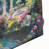 Close-up of a vibrant acrylic glass wall art piece showcasing a serene garden landscape with lush greenery and colorful flowers, perfect for home decor.