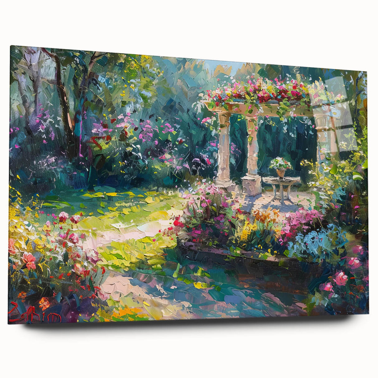 Acrylic wall art collection showcasing a vibrant landscape design featuring lush greenery and colorful flowers, displayed in a modern frame with a side view. Ideal for home decor enthusiasts seeking to enhance their living space with nature-inspired artwork.