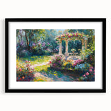 Framed wall art featuring a vibrant landscape garden design in a sleek black frame, showcasing colorful flora and serene natural beauty, perfect for home decor.