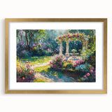 Framed wall art collection showcasing a vibrant landscape garden design, featuring a gold mat and elegant frame, perfect for enhancing home decor aesthetics.