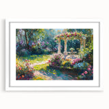 Framed wall art collection showcasing a serene landscape and garden design, featuring a white mat and sleek frame, ideal for home decor.