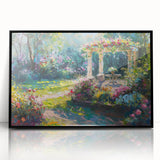 Framed wall art featuring a vibrant landscape garden design, showcased in a sleek black frame, perfect for modern home decor and interior styling.