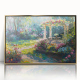 Framed acrylic wall art depicting a vibrant garden landscape design, featuring lush greenery and colorful flowers, elegantly displayed with a gold frame, ideal for home decor.