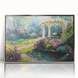Framed acrylic wall art featuring a modern landscape design with vibrant colors, showcasing a serene garden scene, ideal for home decor enhancement.