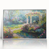 Framed wall art piece showcasing a vibrant landscape garden design with rich colors, displayed against a sleek white background, ideal for home decor.