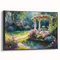 Framed canvas wall art showcasing a vibrant garden landscape design in rich colors, displayed from a side view with a sleek black frame, perfect for home decor.