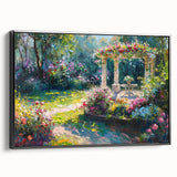 Framed canvas wall art showcasing a vibrant garden landscape design in rich colors, displayed from a side view with a sleek black frame, perfect for home decor.