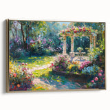 Framed canvas wall art showcasing a vibrant garden landscape design with golden accents, ideal for enhancing interior decor and creating a serene atmosphere.