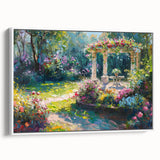 Framed canvas wall art showcasing a vibrant landscape garden design in soothing greens and blues, displayed from a side view against a white background.