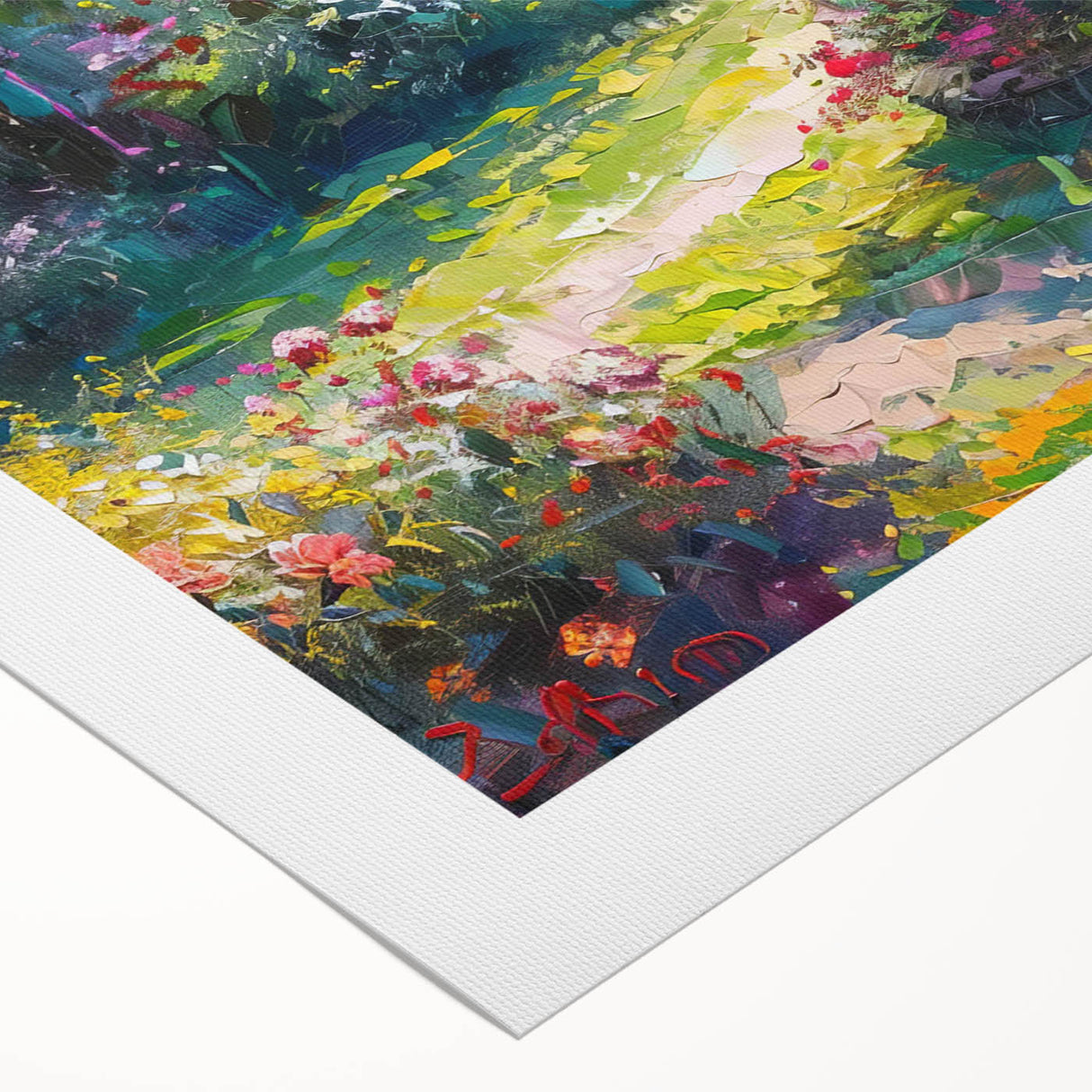 Vibrant rolled canvas featuring a serene landscape garden design, showcasing lush greenery and a tranquil atmosphere, ideal for home decor.