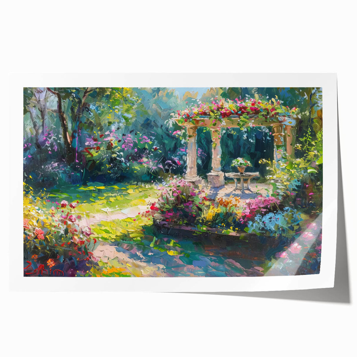 Rolled print of a vibrant landscape garden design featuring lush greenery and colorful flowers, ideal for home decor. The artwork showcases a serene outdoor scene, perfect for enhancing any living space.