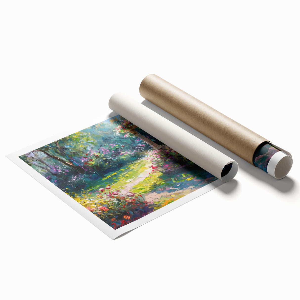 Rolled print showcasing a vibrant landscape garden design, featuring lush greenery and colorful flowers, ideal for home decor and art enthusiasts.