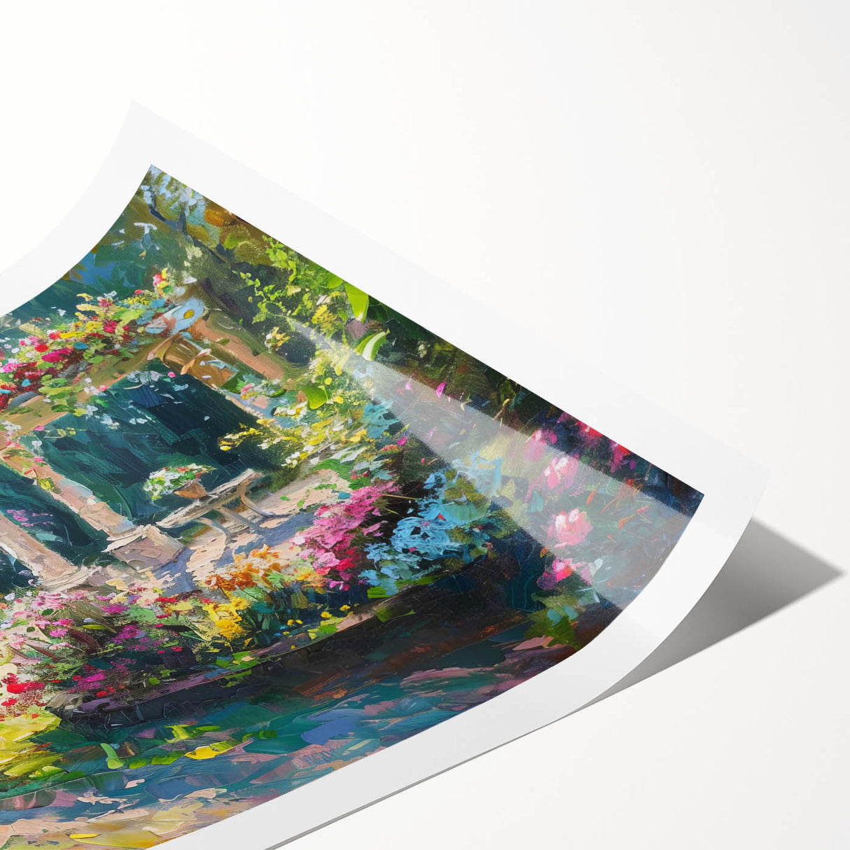 Vibrant rolled print of a modern landscape garden design showcasing lush greenery and colorful flowers, perfect for home decor and artistic ambiance.