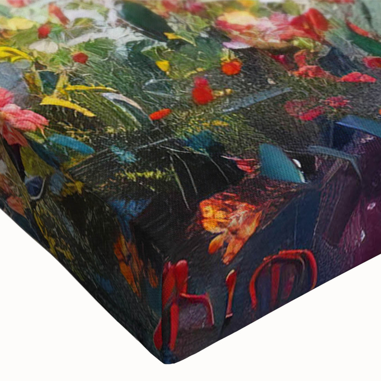 Close-up of a stretched canvas featuring a vibrant landscape garden design, showcasing rich colors and intricate details, ideal for home decor enhancement.