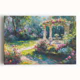 Vibrant stretched canvas artwork showcasing a serene garden landscape design, featuring lush greenery and colorful flowers, ideal for enhancing home decor.