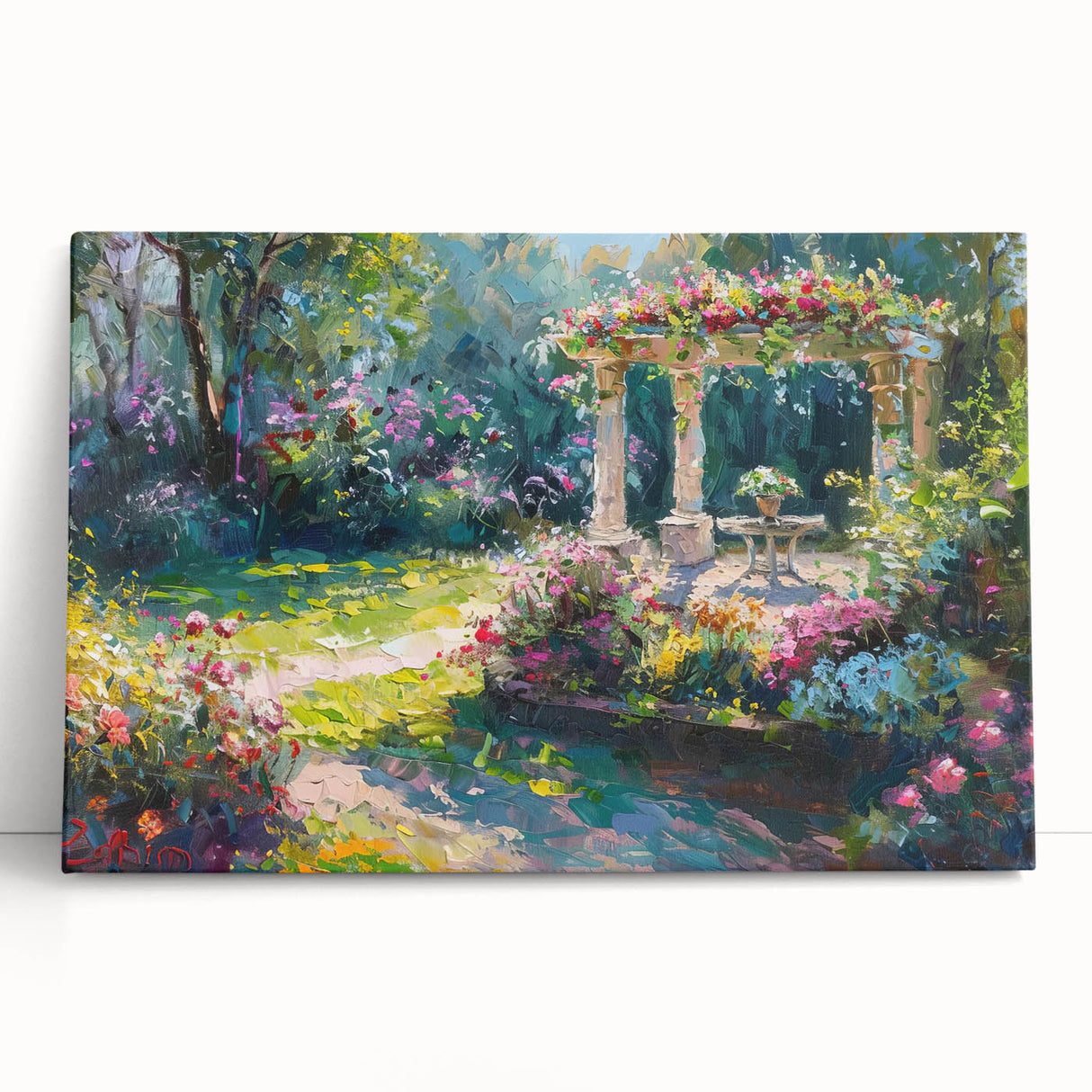 Vibrant stretched canvas wall art featuring a serene landscape design with lush gardens and colorful flowers, ideal for home decor. Perfect for adding a tranquil touch to living spaces.