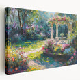 Stretched canvas wall art showcasing a vibrant landscape garden design with lush greenery and colorful flowers, ideal for home decor or office spaces.