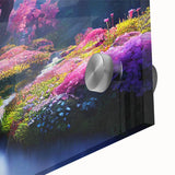 Close-up of an elegant acrylic glass wall art piece showcasing a vibrant landscape garden design, emphasizing rich colors and intricate details, perfect for home decor.
