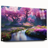 Side view of a modern acrylic wall art collection showcasing vibrant landscape and garden designs, elegantly mounted with pins, ideal for contemporary home decor.