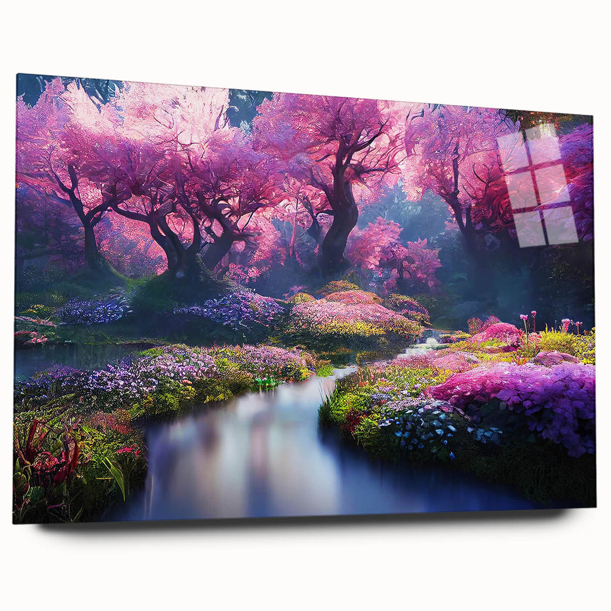 Acrylic wall art collection showcasing a vibrant landscape design with lush greenery and colorful flowers, displayed against a modern backdrop, perfect for home decor.