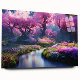 Acrylic wall art collection showcasing a vibrant landscape design with lush greenery and colorful flowers, displayed against a modern backdrop, perfect for home decor.