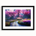 Black-framed wall art featuring a serene landscape garden design, ideal for home decor. The print includes a white mat, enhancing its elegant presentation.