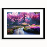 Black-framed wall art featuring a serene landscape garden design, ideal for home decor. The print includes a white mat, enhancing its elegant presentation.