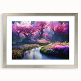 Framed wall art collection featuring a serene landscape design with vibrant colors, silver matting, and sleek framing, ideal for enhancing interior decor.
