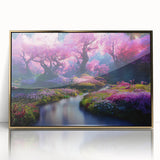 Framed acrylic wall art featuring a vibrant landscape garden design with gold accents, showcasing lush greenery and colorful flowers, ideal for home decor.