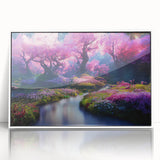 Framed acrylic wall art showcasing a vibrant landscape design with lush gardens, set against a white background, ideal for enhancing home decor aesthetics.