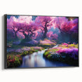 Framed canvas wall art showcasing a vibrant landscape design with lush greenery and colorful flowers, presented in a sleek black frame, perfect for home décor.